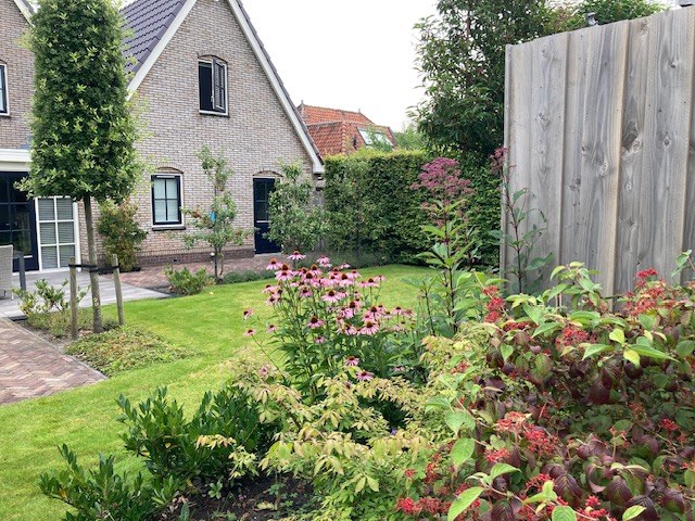 Strak gazon met border langs de woning